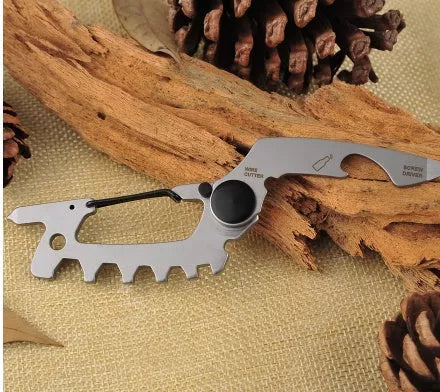 Stainless steel multi-function keychain with geometric gadgets including screwdrivers and hex wrenches