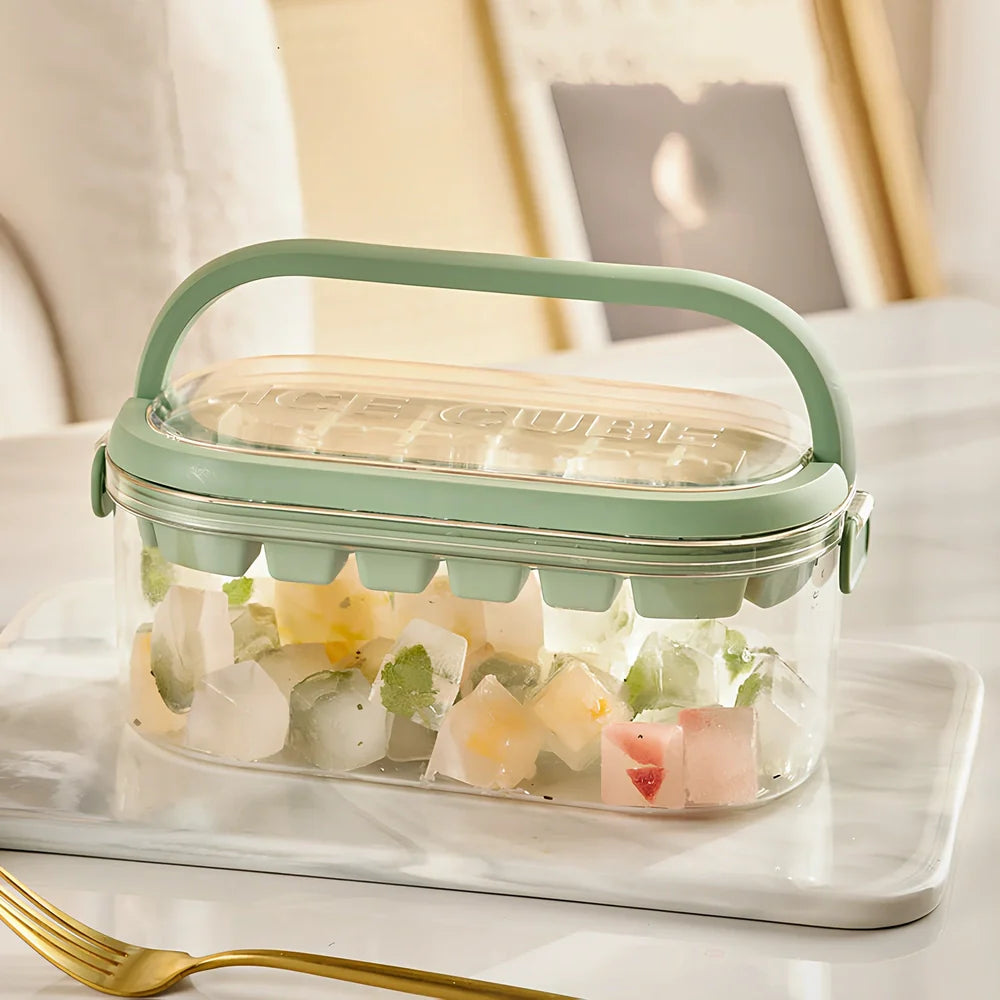 Portable ice box with silicone grid producing 54 ice cubes, showing beige and fresh green colour options