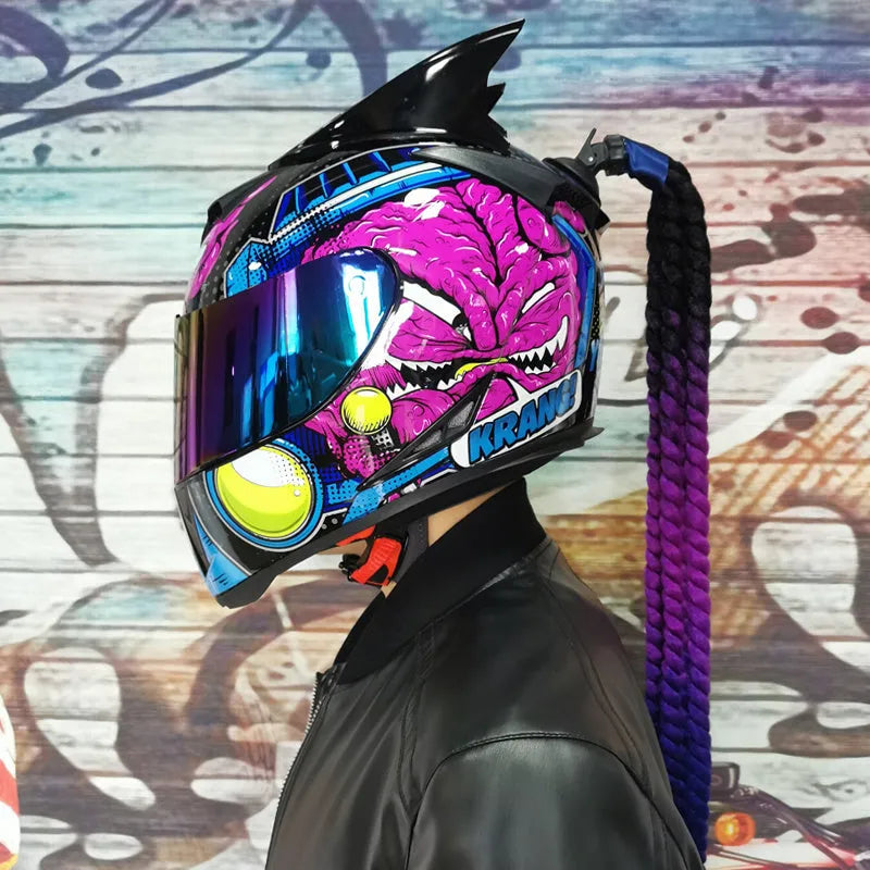 Dirty Braids motorcycle helmet with graphic design, ABS full-face construction for electric vehicles and motorcycles