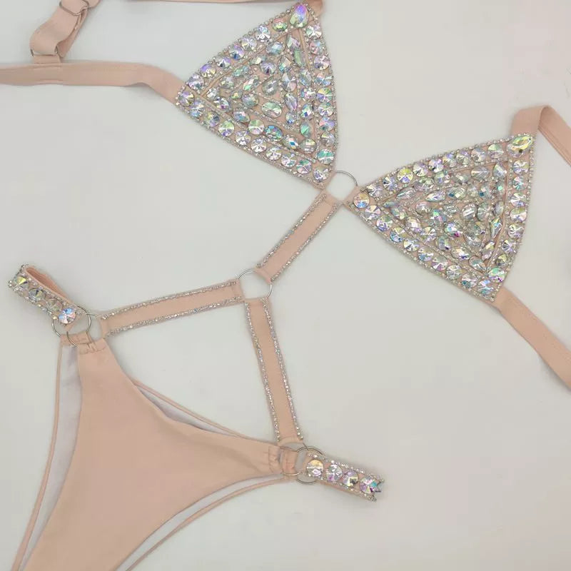 Diamond chain bikini in nylon, available in pink, white, black, sizes S, M, L