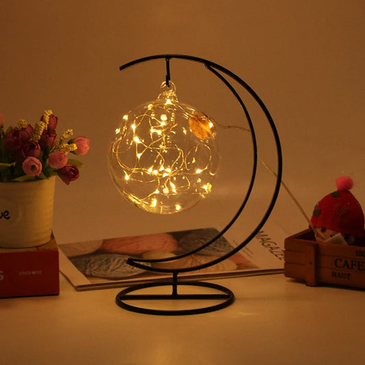 LED Wishing Bottle with 12cm glass container, wooden cork, and iron frame with copper wire detailing