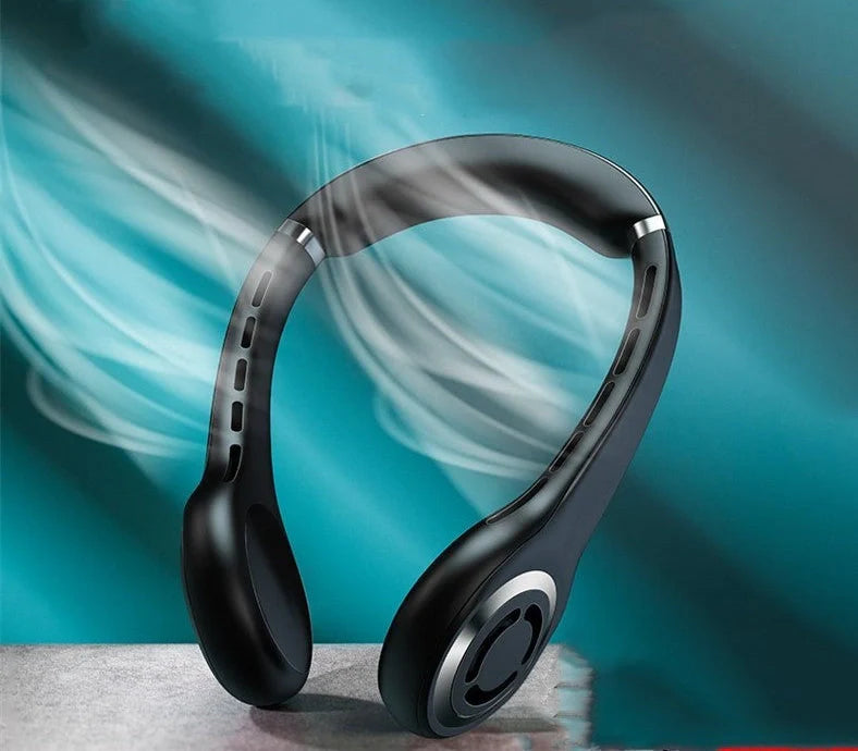 Black hanging neck fan with flexible design showing dual battery compartments and adjustable airflow vents