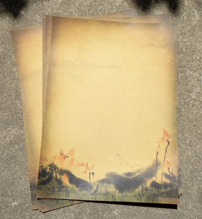 Kraft paper stationery set with 8 sheets, 265x188mm pure wood pulp paper in Lotus or Mountain designs
