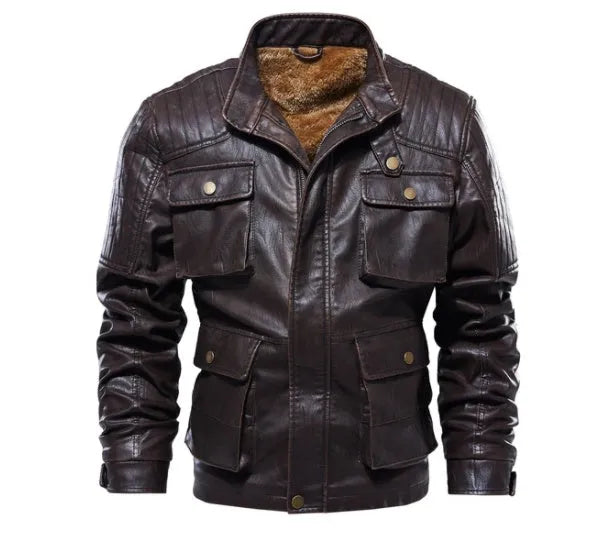Men's PU leather jacket with velvet lining, available in khaki, black, and brown, sizes L to 5XL