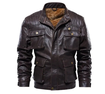 Men's PU leather jacket with velvet lining, available in khaki, black, and brown, sizes L to 5XL