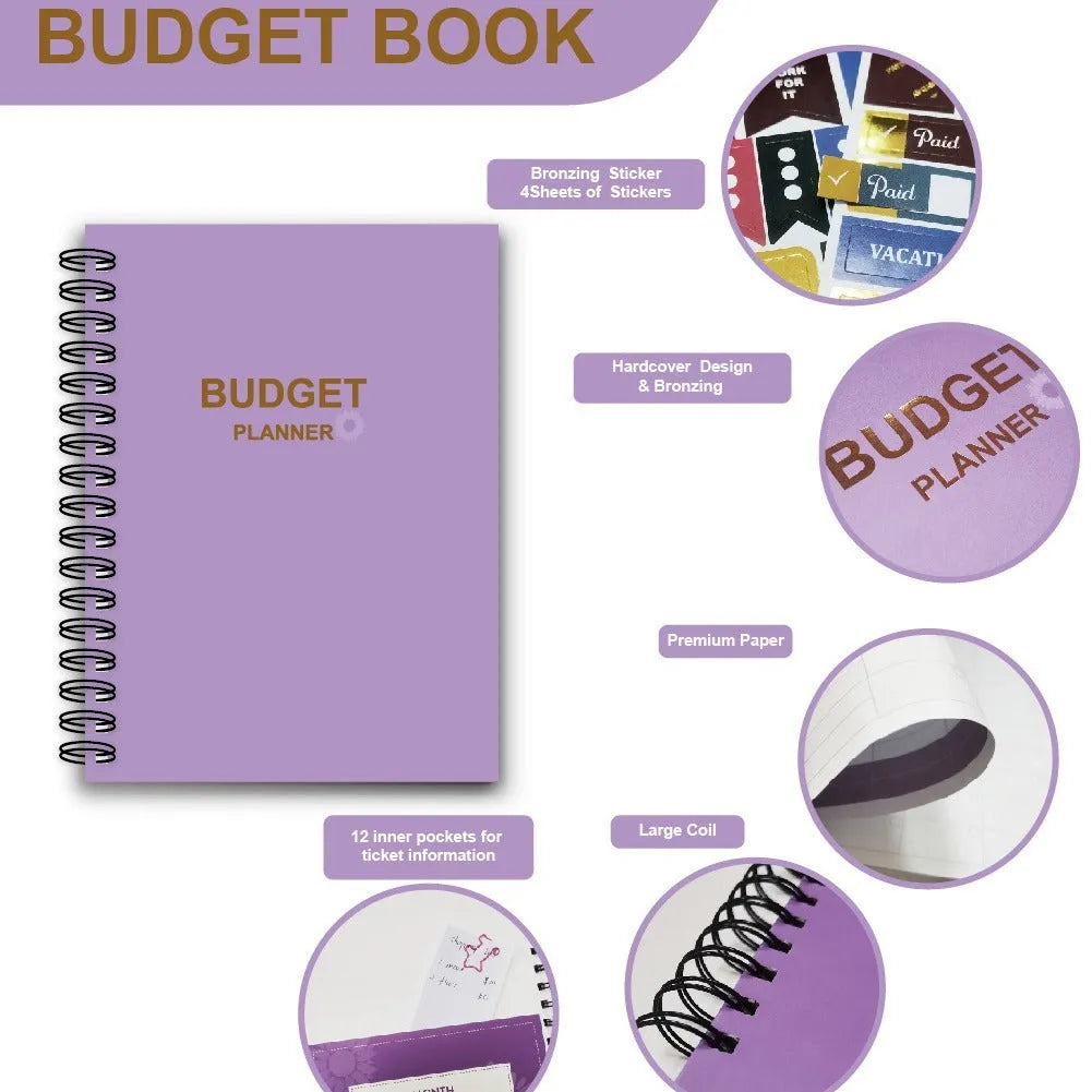 Purple A5 financial planning notebook with coil binding, showing monthly budget layout and included pen with stickers