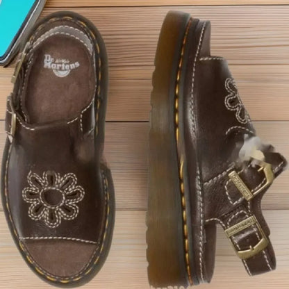 Men's black embroidered flower beach sandals with flat heel design on size chart