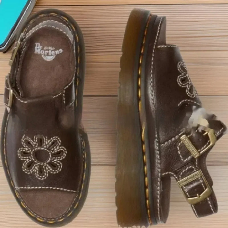 Men's beach sandals personalised with flower embroidery, available in flat-heel design with PU upper material, offered in black or brown colours across comprehensive UK sizes 39 to 48 for summer footwear