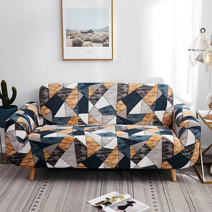 Elastic sofa cover with stripe pattern stretched over 3-seat sofa in living room setting