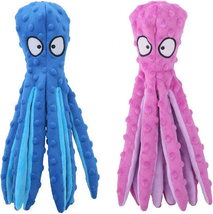 Blue octopus plush dog toy with tentacles, unfilled design with crinkle paper and squeaker sounds