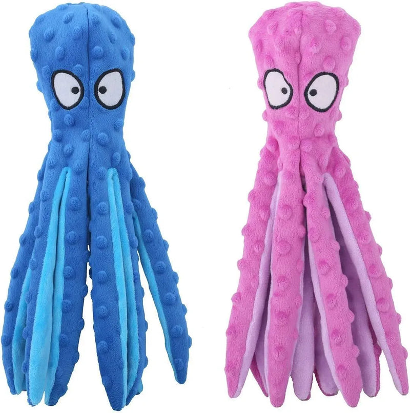 Dog squeaky toys octopus plush chew toys for puppy teething durable crinkle interactive toys for small medium and large dogs training and boredom reduction, available in blue green orange purple colour options measuring 32cm long