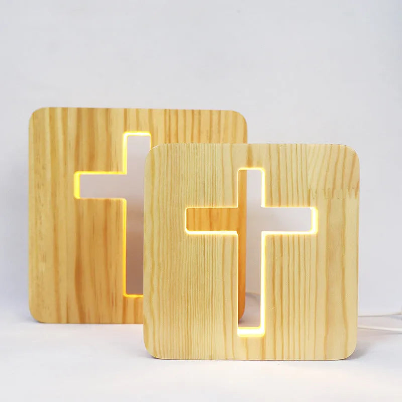 Solid wood hollow night lamp with warm white LED light on a surface