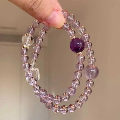 Artificial amethyst crystal bracelet with square amethyst circles and pearl four-leaf clover pendant on U-shaped electroplated band