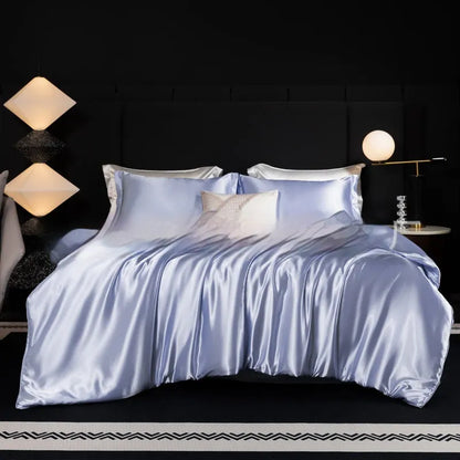Household Fashion 100% silk bed sheet four-piece set in seven colour options showing fitted sheet, flat sheet and pillowcases
