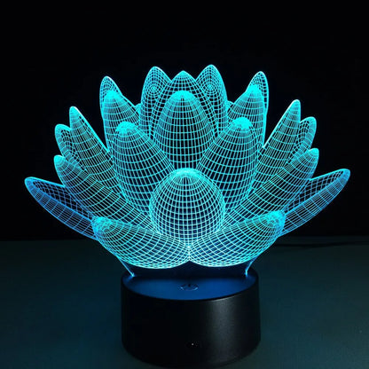 Modern white lotus-shaped LED night light with touch control on a wooden surface.