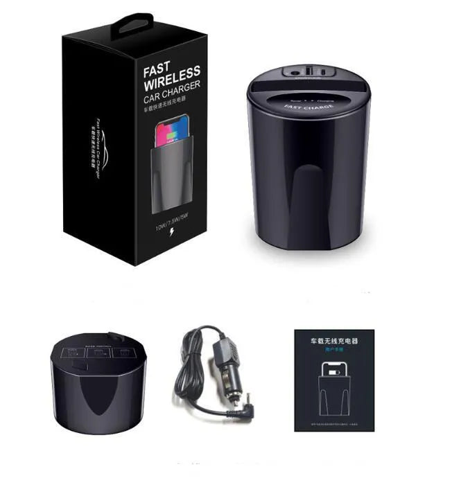 Black X9 car wireless charging cup and base for QI smartphones with Micro USB cable.