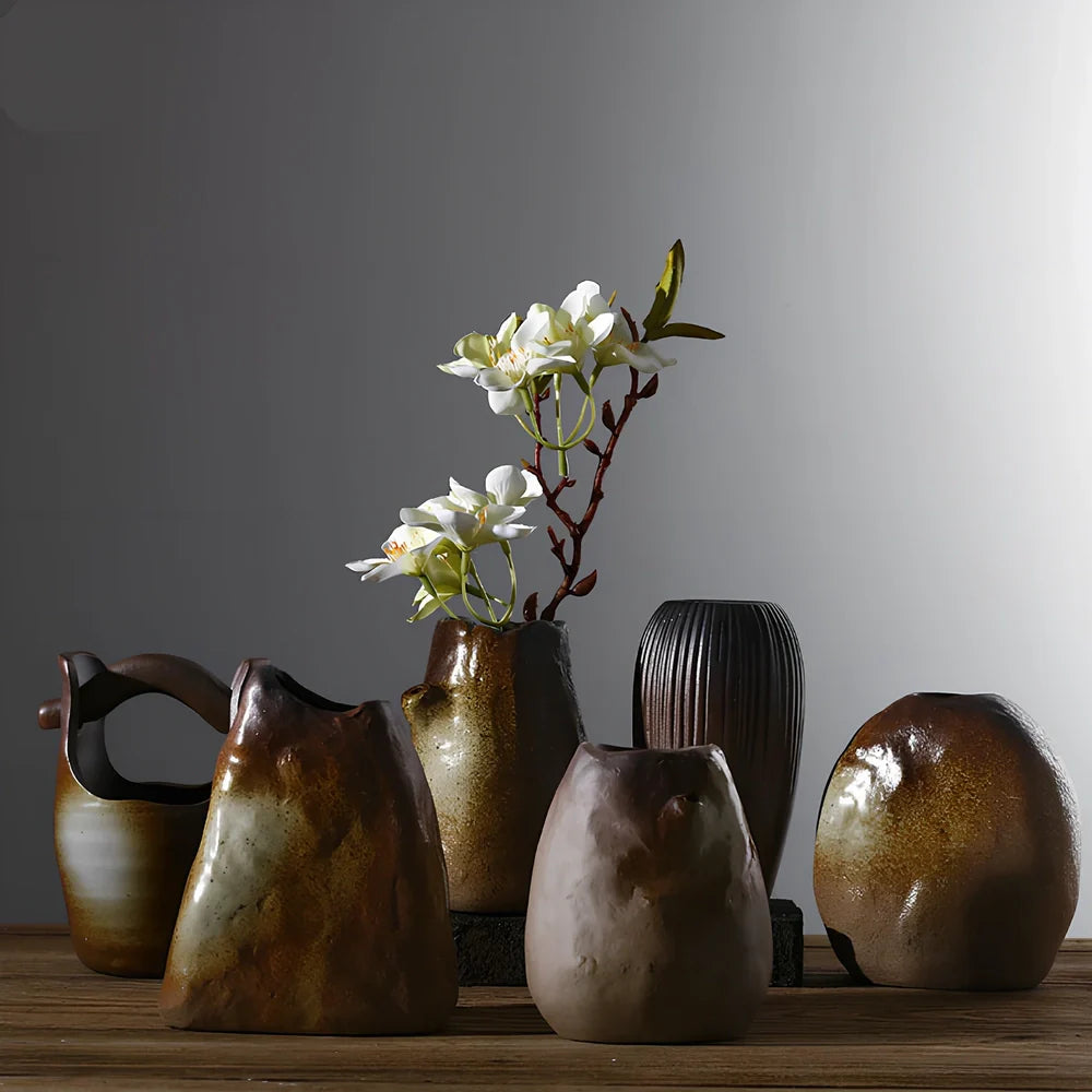 Small 15cm glazed ceramic vase in Japanese style, pottery with smooth finish for ornaments, 8cm diameter base