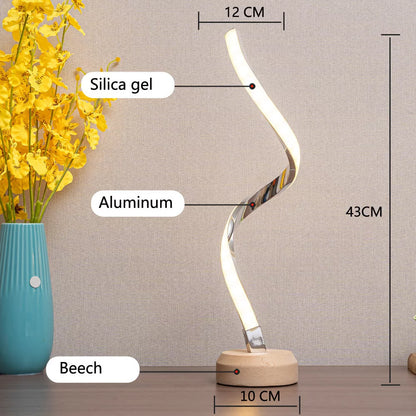 LED Spiral Table Lamp with wooden base and dimmable warm white light