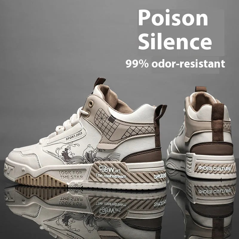 Men's casual sports shoes summer high-top board shoe sneakers with flat rubber sole and mesh lining in beige white blue colour for leisure youth wear