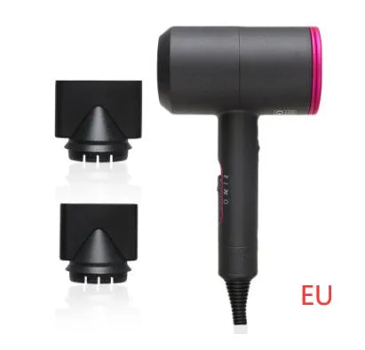 Black hotel hair dryer with 2.5m cable, concentrator nozzle, and multiple international plug adapters