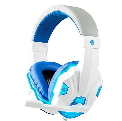 3.5mm gaming headset with LED lighting in blue colour, head-mounted design with adjustable headband