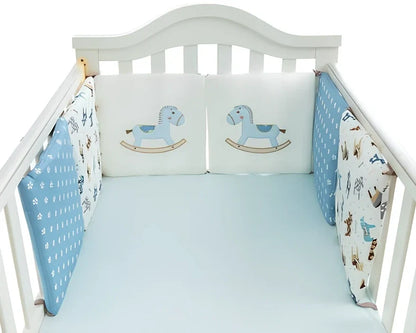 Six 30x30cm cotton baby bed protection panels with hard cotton filling arranged around crib