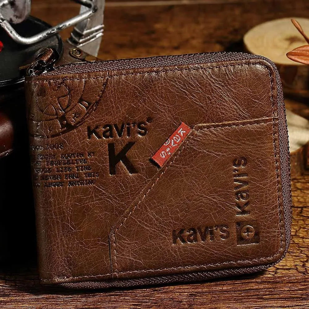 Men's coffee-colour genuine leather wallet with vintage locomotives pattern and multiple internal compartments