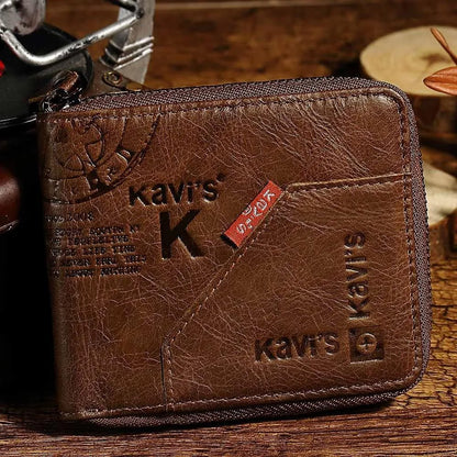 Men's coffee-colour genuine leather wallet with vintage locomotives pattern and multiple internal compartments