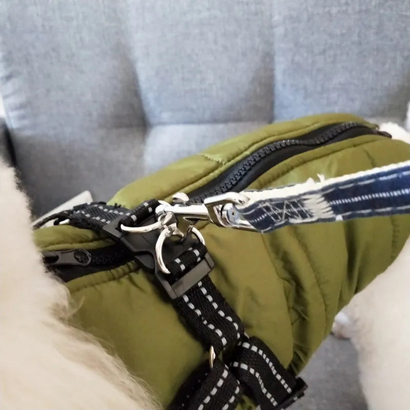 Waterproof dog coat with integrated harness in red colour, sized for medium dog breeds