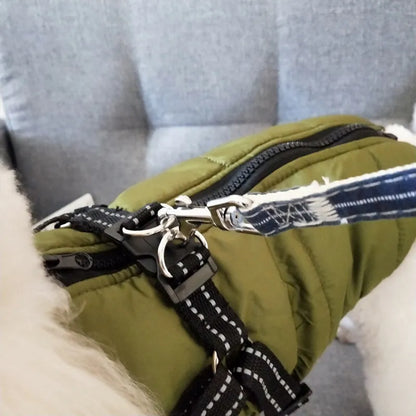 Waterproof dog coat with integrated harness in red colour, sized for medium dog breeds