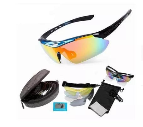 Cycling glasses with polarized lenses in black, red, blue, and white options