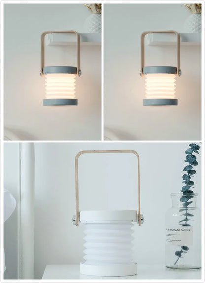 White foldable USB rechargeable LED night light in both table lamp and tall lantern modes.