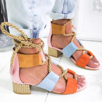 Women's beige suede sandals with thick 3-5cm heel, front strap, and ankle strap design