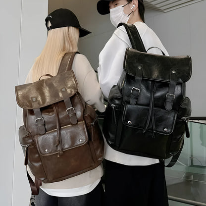 Large capacity PU travel backpack in black or brown with waterproof function and curved shoulder strap