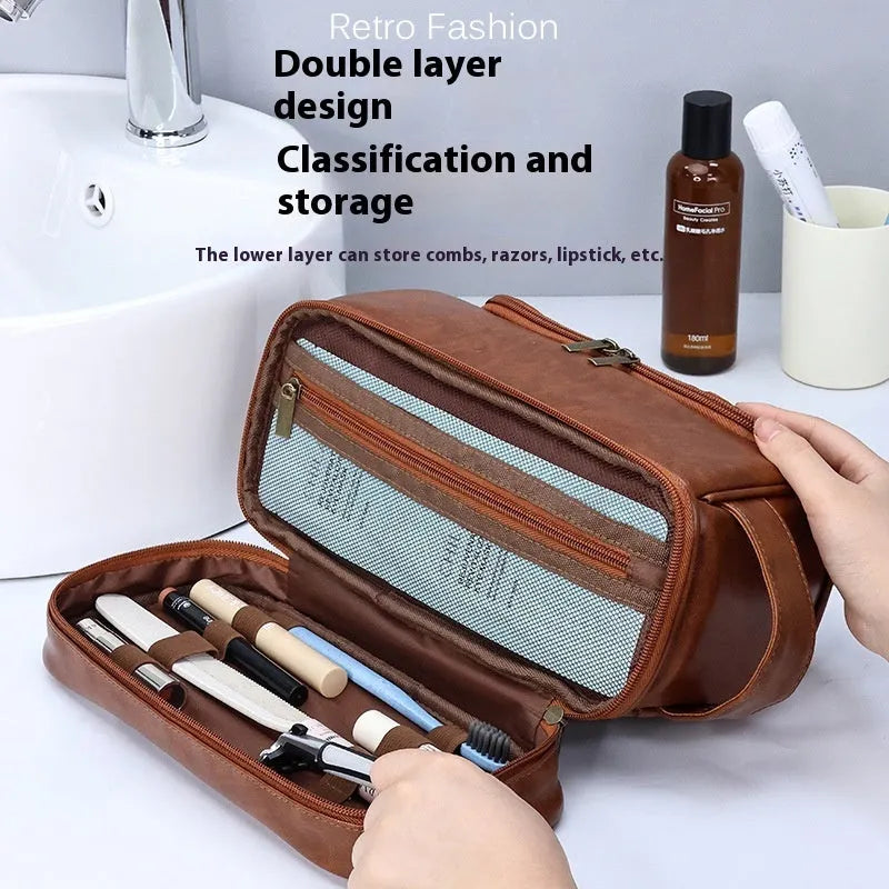 PU leather cosmetics storage bag with hook in black, brown or dark brown, simple modern travel wash bag
