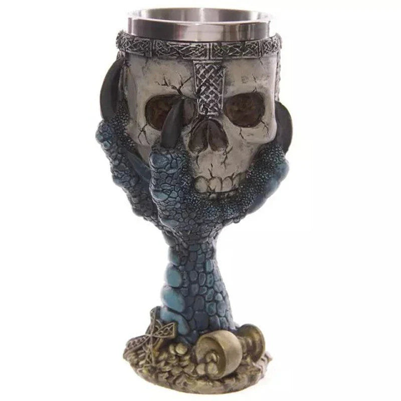 Chilling skull-themed wine goblet with a 3D skull design, made from premium resin and stainless steel for long-lasting durability and visual impact.