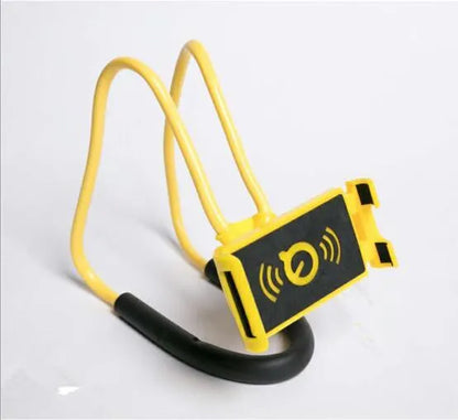Neck phone holder with 360-degree rotating clamp in multiple colours, holding a smartphone