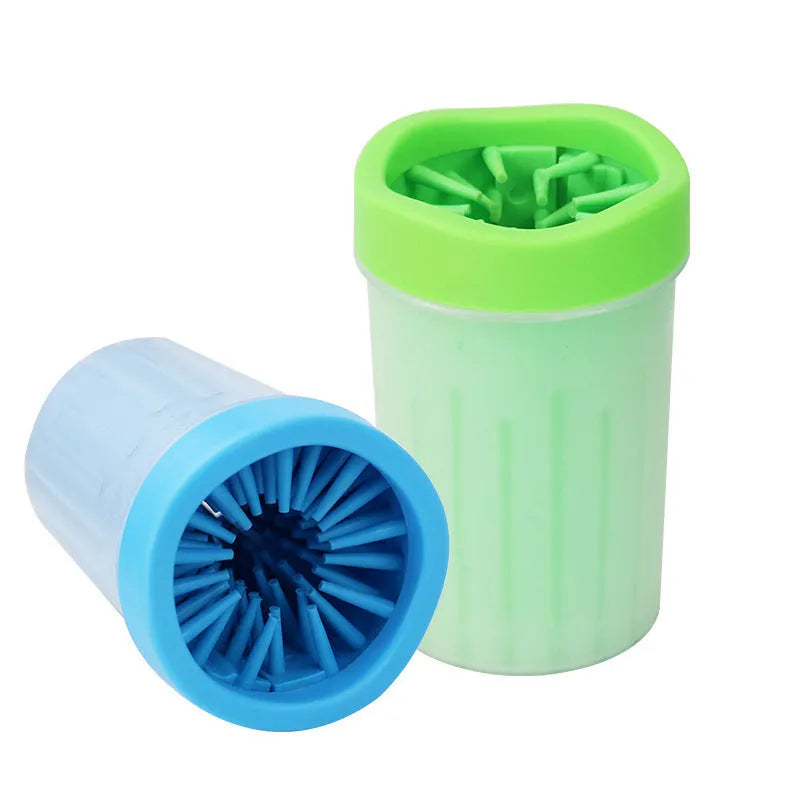 Blue silicone and PP portable dog foot wash barrel for cleaning pet paws.