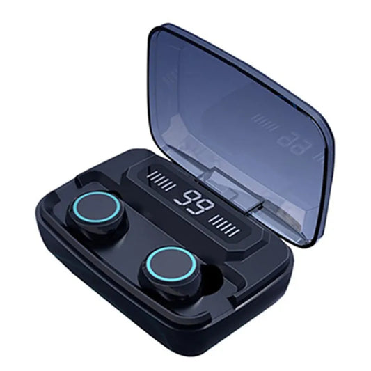 Black Bluetooth wireless headset with digital display, touch controls, and mobile phone holder, showing IPX7 waterproof rating