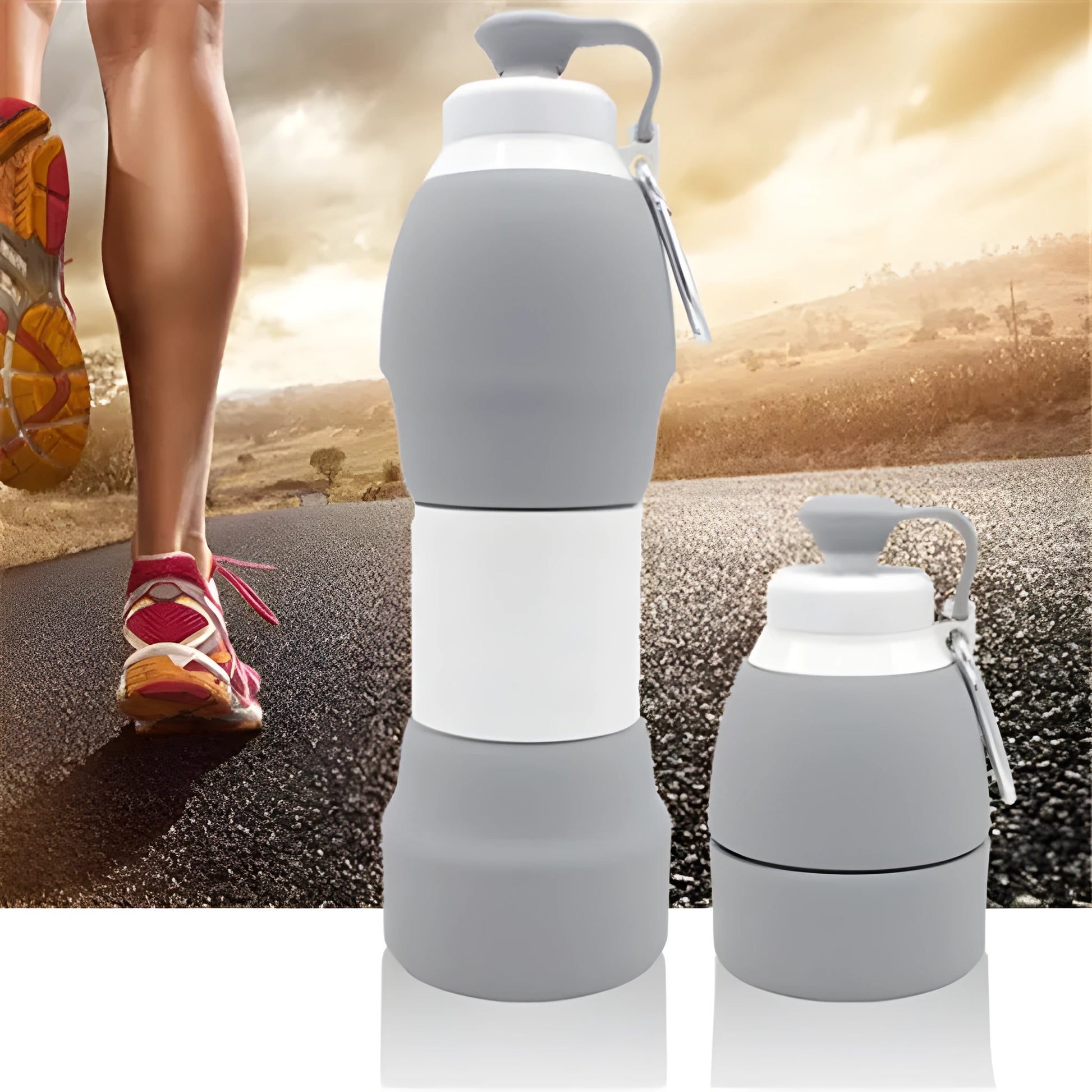 Blue silicone folding water bottle shown both extended and collapsed, next to a backpack.