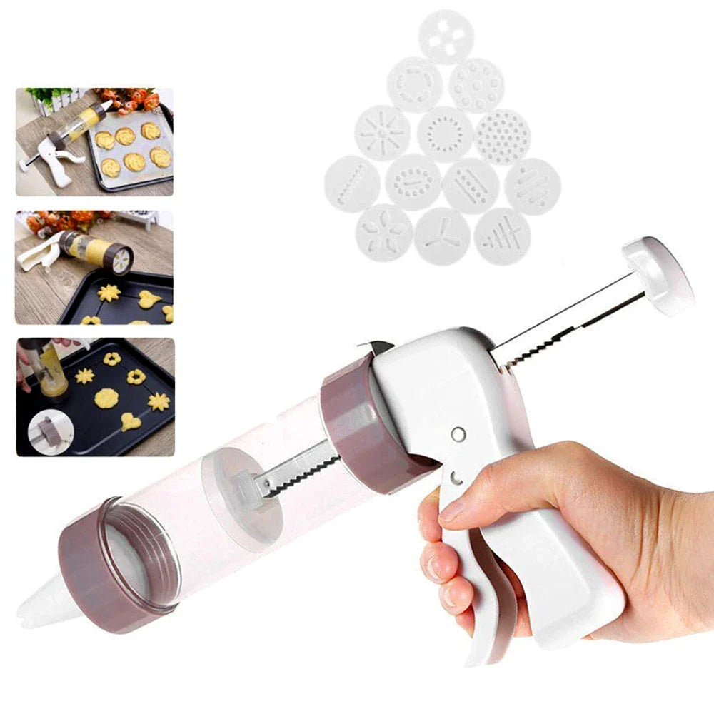 Versatile cookie press kit with interchangeable discs for creating various baked treats at home