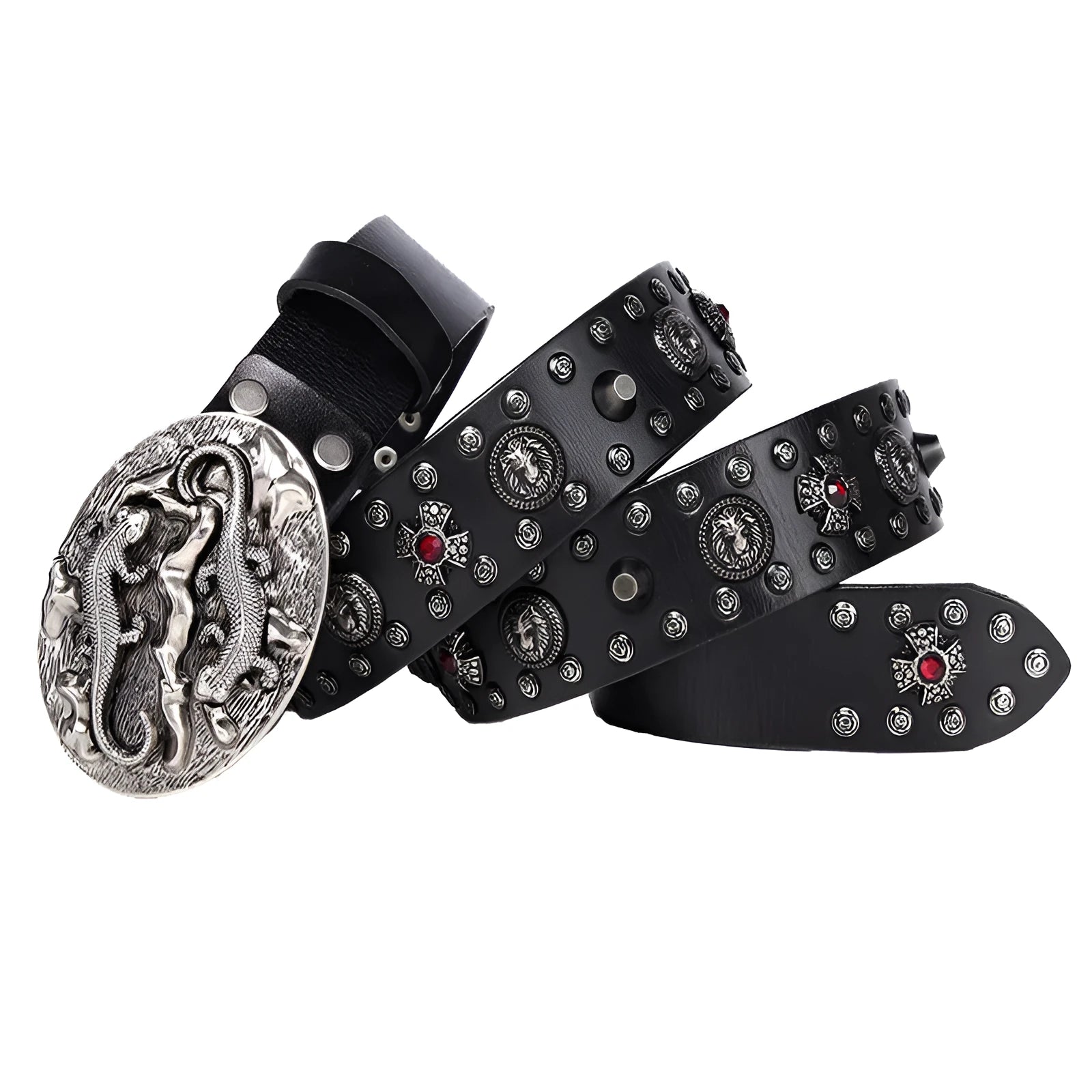 Men's black genuine leather belt with punk rivet details and a silver alloy buckle.