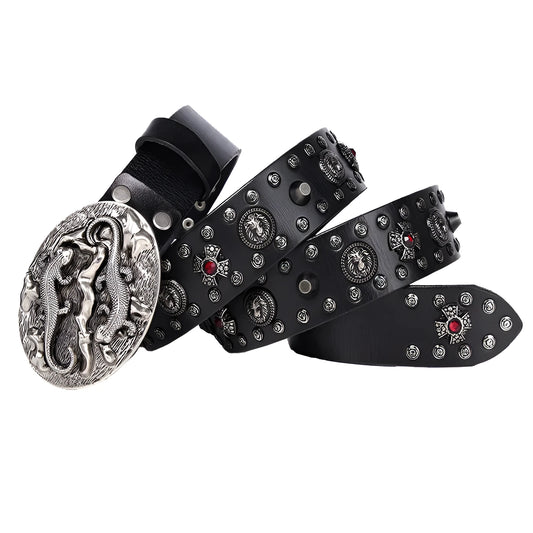 Men's black genuine leather belt with punk rivet details and a silver alloy buckle.
