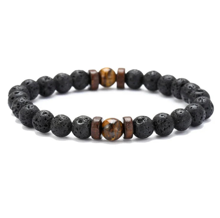 Stylish men's bracelet made with natural volcanic stone, flash stone, and wood chip in a geometric, mosaic-like design