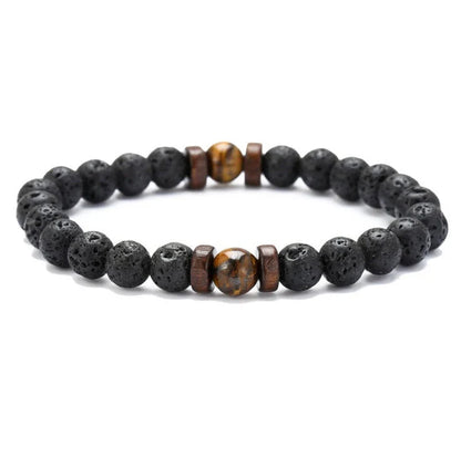 Stylish men's bracelet made with natural volcanic stone, flash stone, and wood chip in a geometric, mosaic-like design