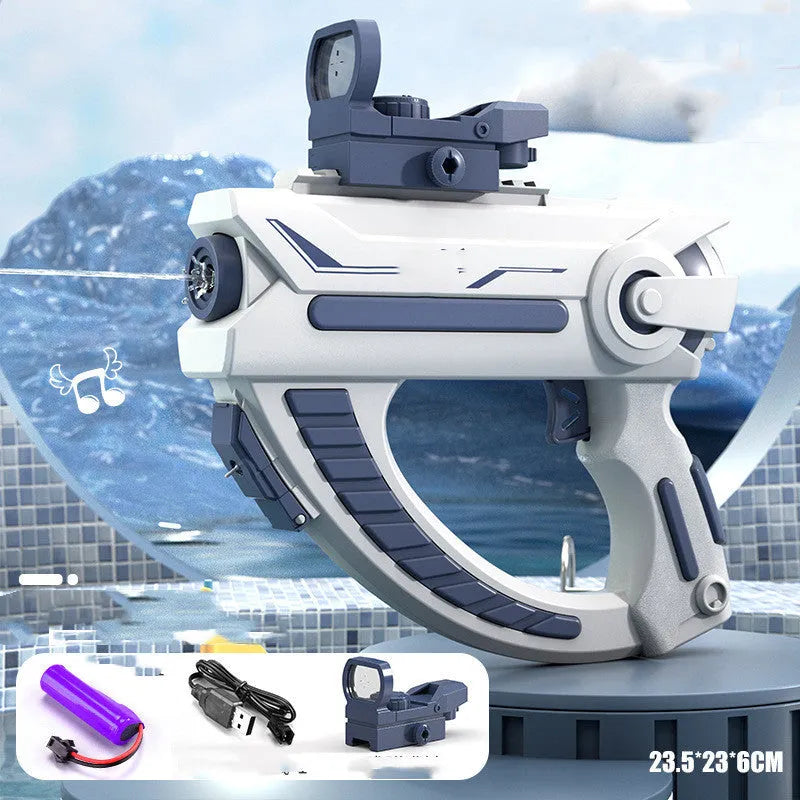 Blue automatic electric water gun with USB charging port and anti-skid grip handle.