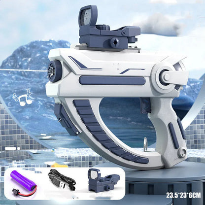 Blue automatic electric water gun with USB charging port and anti-skid grip handle.