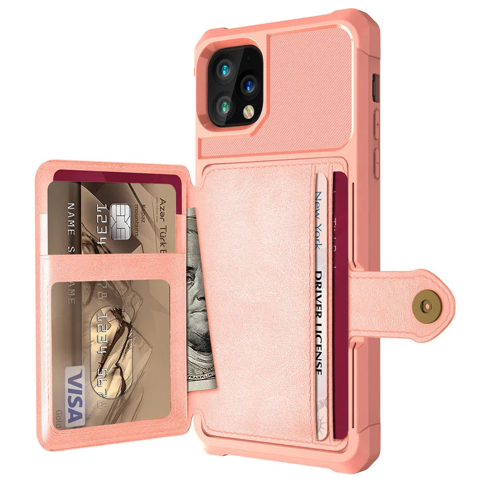 Imitation leather card wallet iPhone case back cover in black, blue, green, pink, or red.