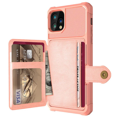 Imitation leather card wallet iPhone case back cover in black, blue, green, pink, or red.