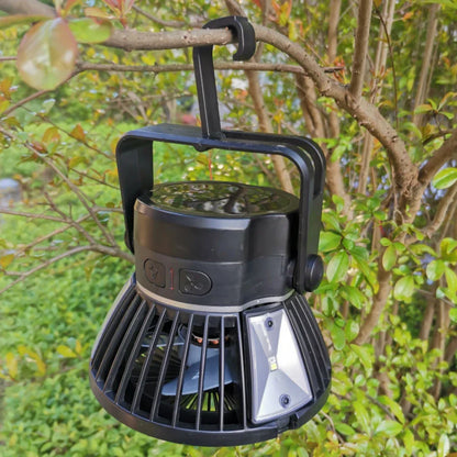 Rechargeable solar-powered camping fan with LED light, featuring a foldable design, hanging hook, and multiple airflow settings for outdoor use